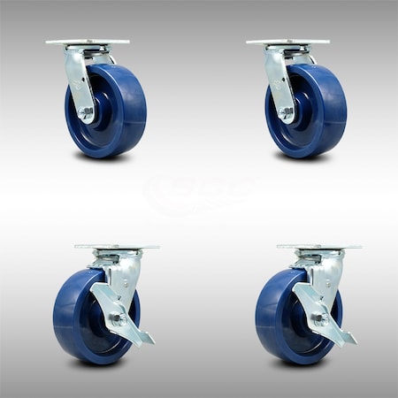 Service Caster 6 Inch Stainless Steel Solid Poly Swivel Caster Set with Roller Bearing 2 Brakes SCC-SS30S620-SPUR-2-TLB-2